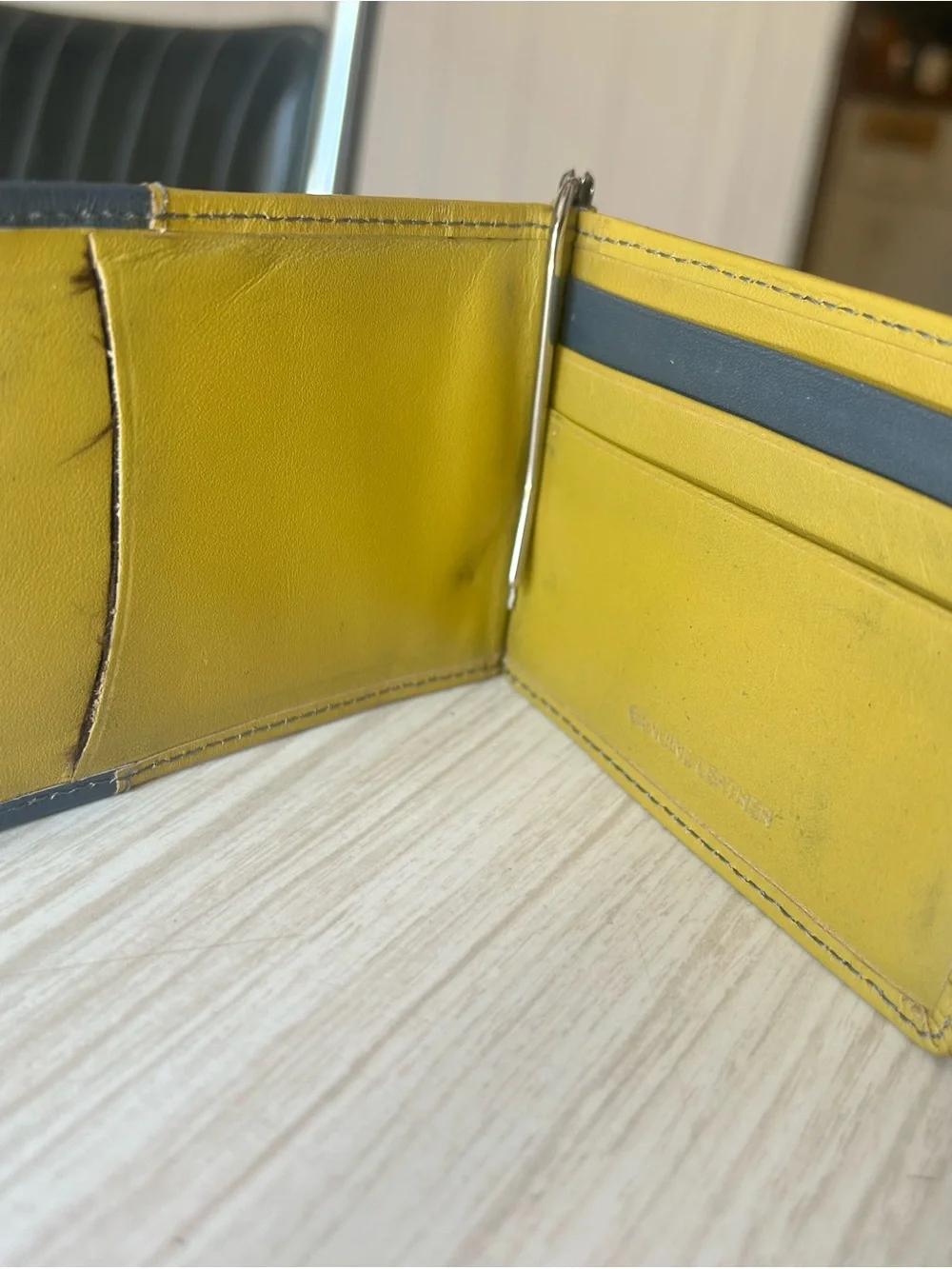 Men's Leather Money Clip Card Holder with Navy Accent